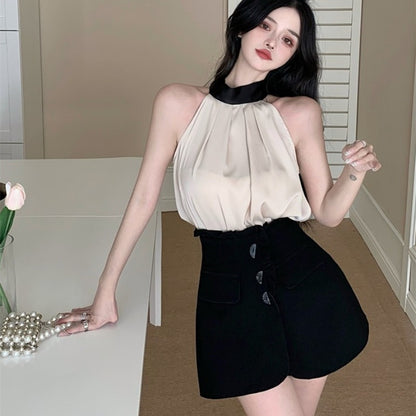 Blouse in Cream Halterneck with Contrast Collar - cream and black front outfit view
