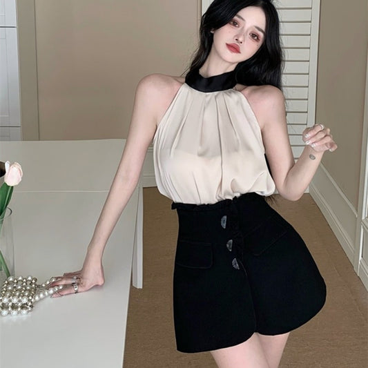 Blouse in Cream Halterneck with Contrast Collar - cream and black front outfit view