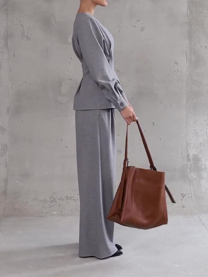 Asymmetric V-Neck Top & Wide-Leg Trouser Co-Ord in Grey - grey side profile view
