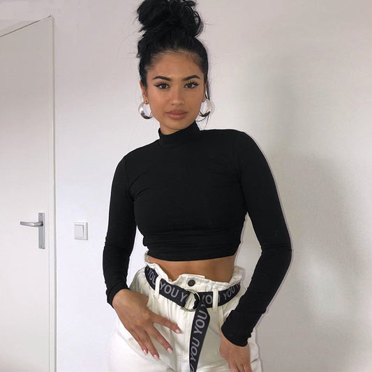 Long-Sleeve Crop Top in Black with Lace-Up Back - front view