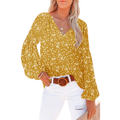 Blouse in Crinkled Floral Chiffon with V-Neck - mustard spot print full view