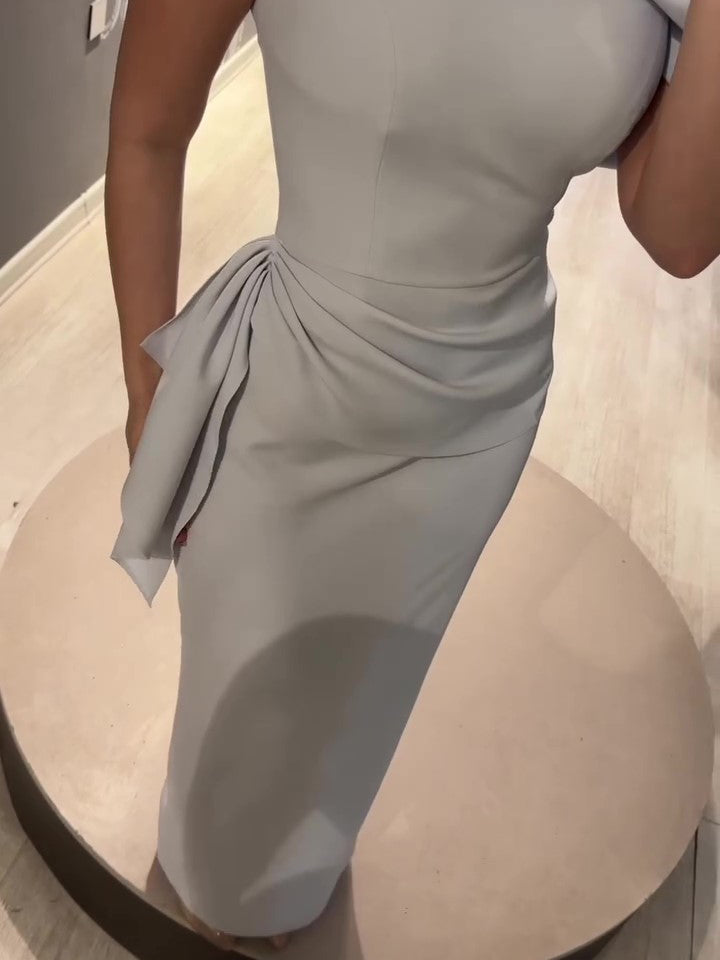 Maxi Dress in Soft Grey with One-Shoulder Drape - angled view with side drape