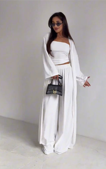 Wide-Leg Trouser Three-Piece Co-Ord Set in Dark Brown, Black & White - white full-length front view