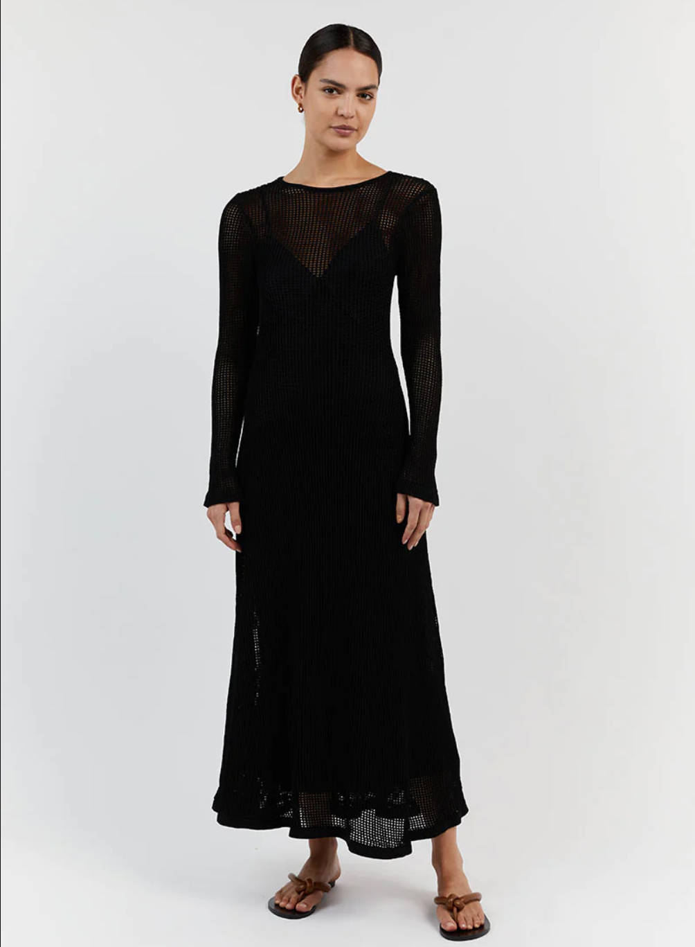 Maxi Dress in Sheer Open-Knit Cotton - Black front studio view