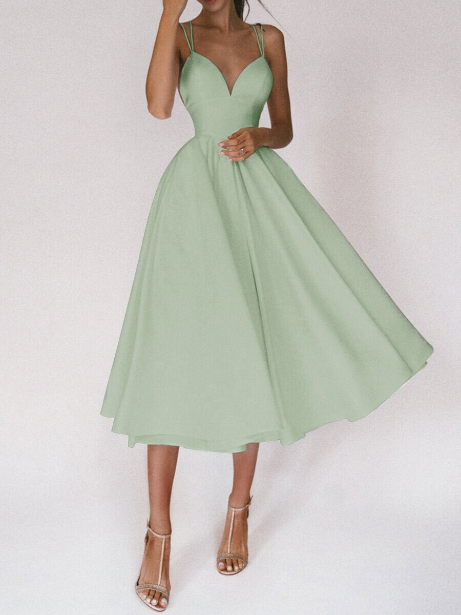 Midi Dress with Plunge Neck and Low Back - Green front view