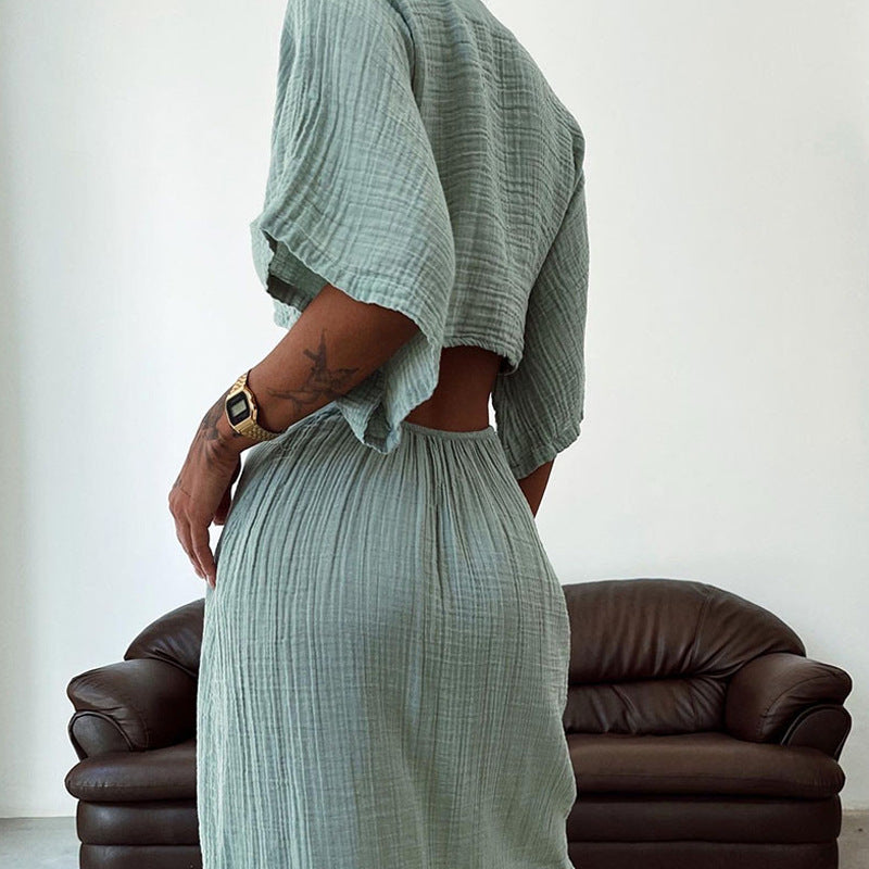 Maxi Dress with Tie-Front Cut-Out - green side and back detail