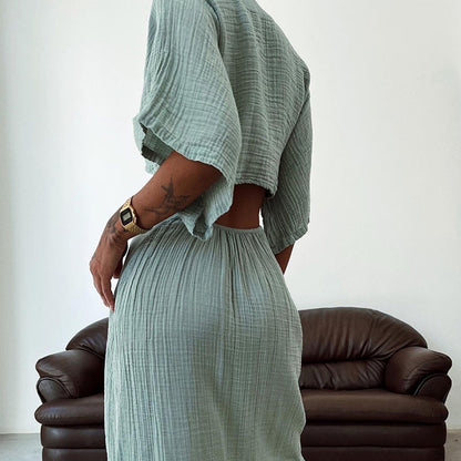 Maxi Dress with Tie-Front Cut-Out - green side and back detail