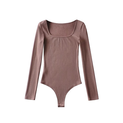 Square-Neck Brushed Rib Bodysuit with Long Sleeves - Deep Khaki front view