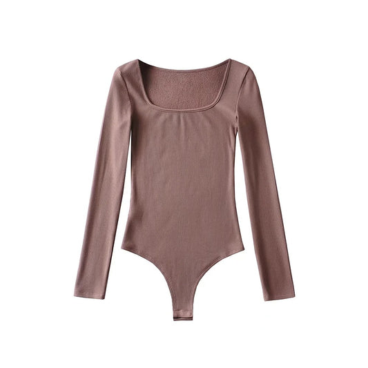Square-Neck Brushed Rib Bodysuit with Long Sleeves - Deep Khaki front view