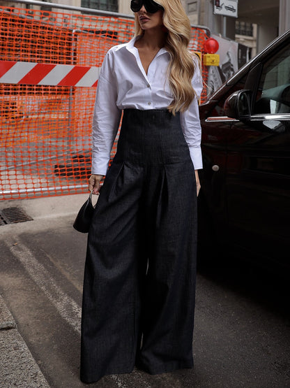 Dark-Wash High-Waist Wide-Leg Jeans - street style, full-length silhouette