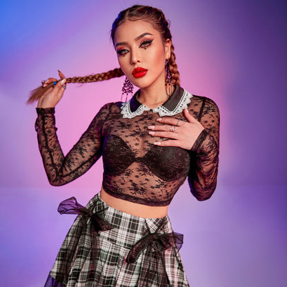 Crop Top in Sheer Black Lace with Pearl Collar - black portrait styled view with collar detail