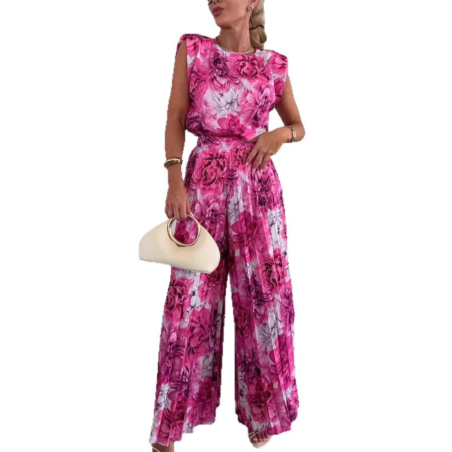 Pleated Wide-Leg Trouser & Sleeveless Top Co-ord Set — pink floral, front view