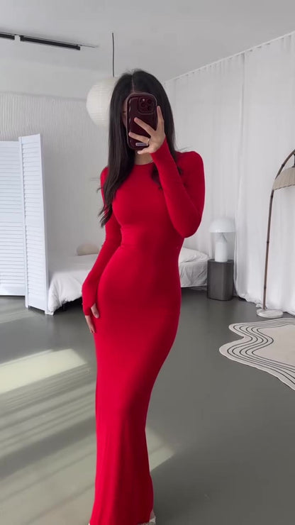 Maxi Bodycon Dress with Long Sleeves - red mirror front view