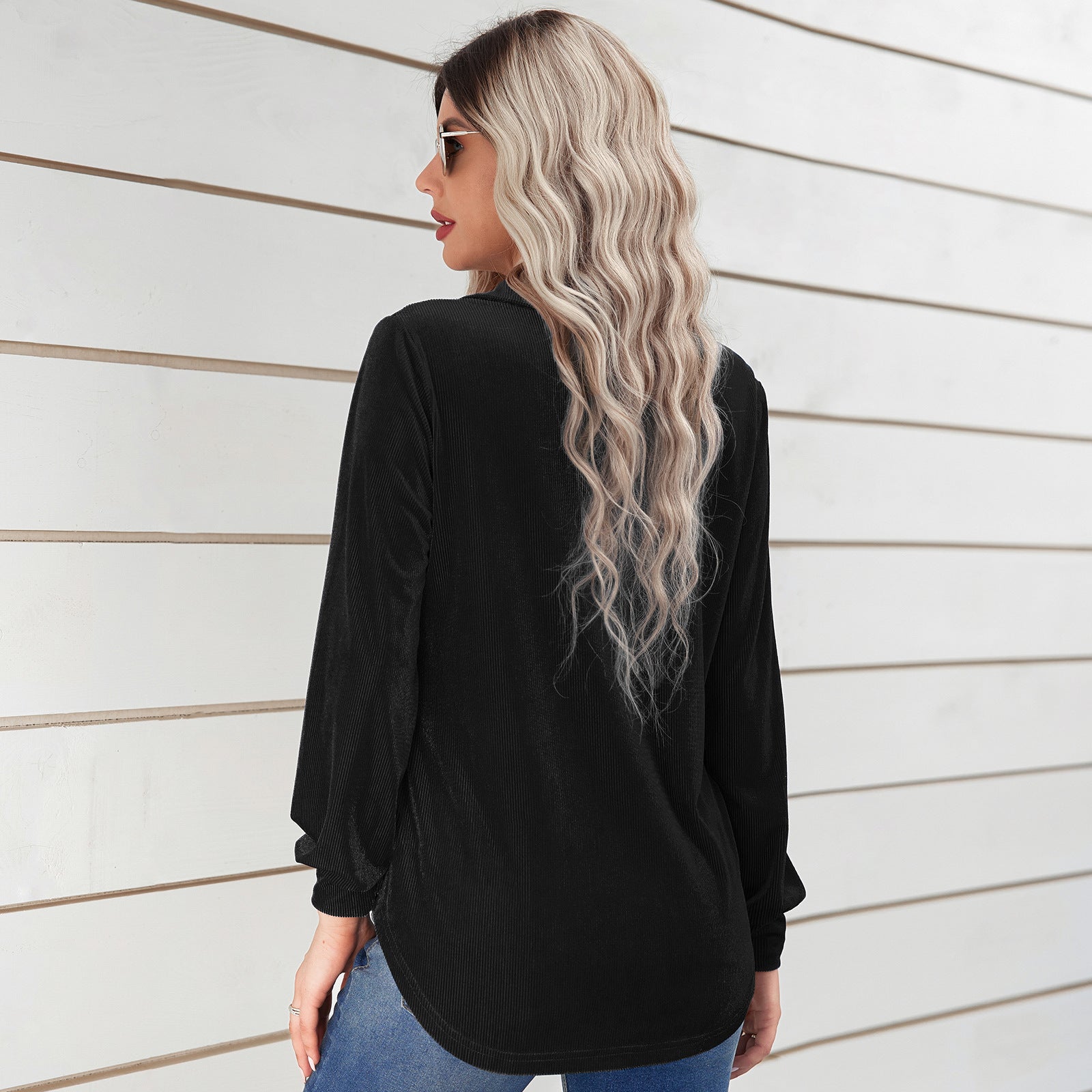 Shirt in Velvet Stripe with Relaxed Longline Fit - black back view