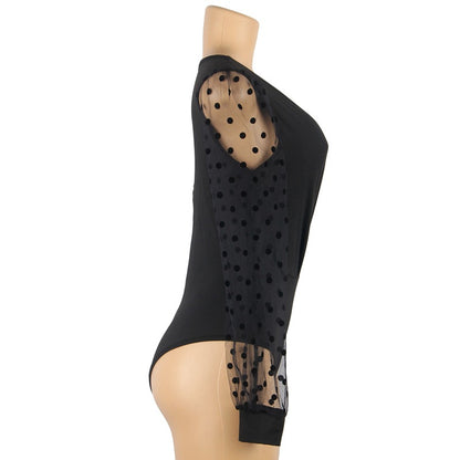 Bodysuit in Black with Polka Dot Mesh Sleeves - black side profile view