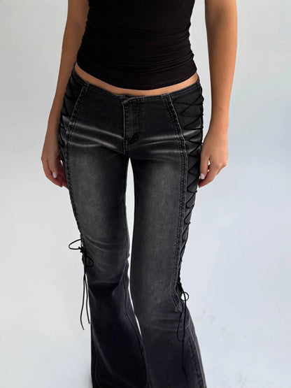 Black Washed Distressed Flare Jeans with Side Lace-Up Detail - styled front view