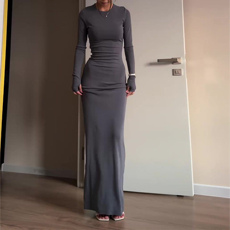 Maxi Bodycon Dress with Long Sleeves - dark gray full-length front view