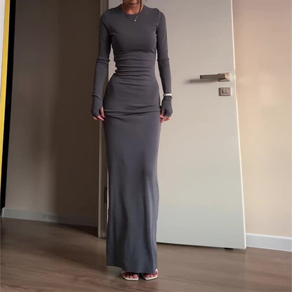 Maxi Bodycon Dress with Long Sleeves - dark gray full-length front view