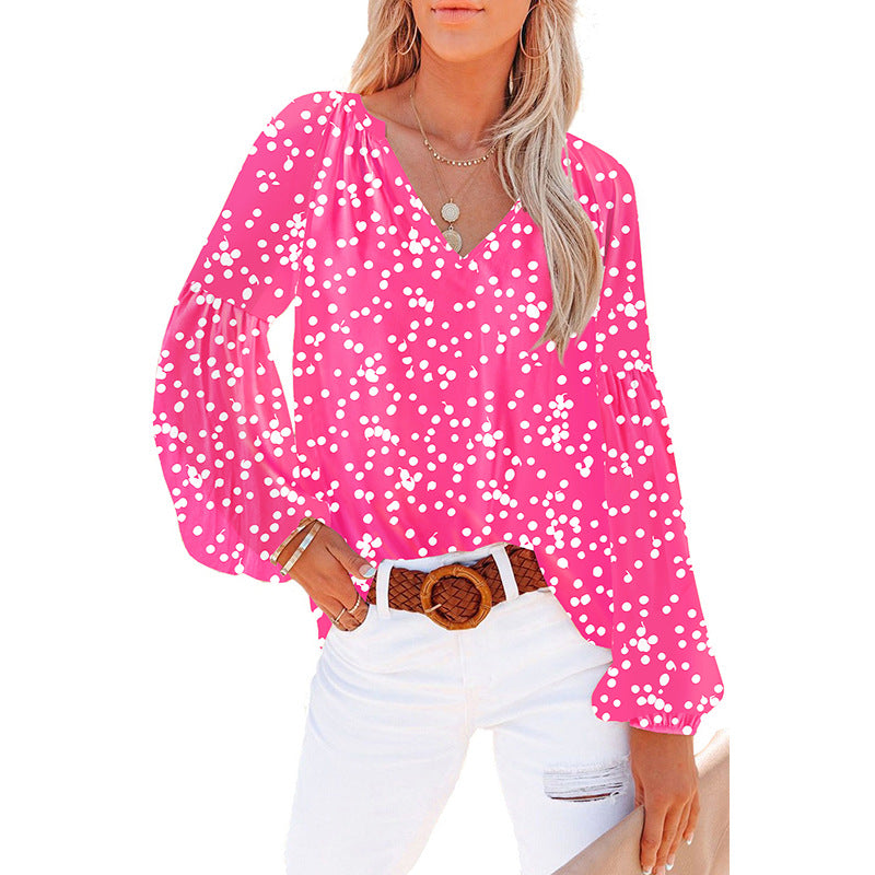 Blouse in Crinkled Floral Chiffon with V-Neck - hot pink spot print full view