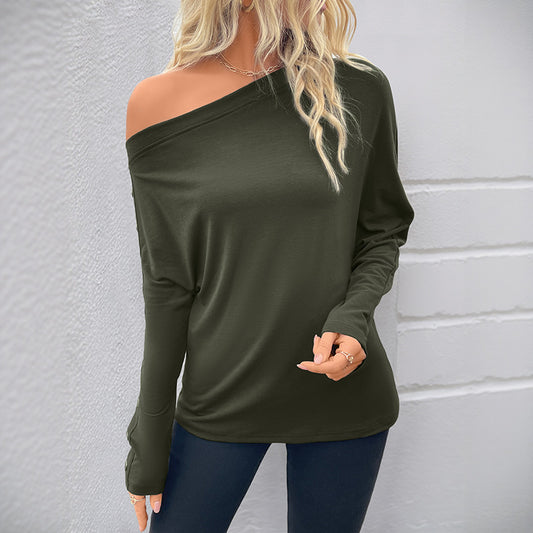 Long Sleeve Top in Dark Green with Off-Shoulder Drape - dark green front view