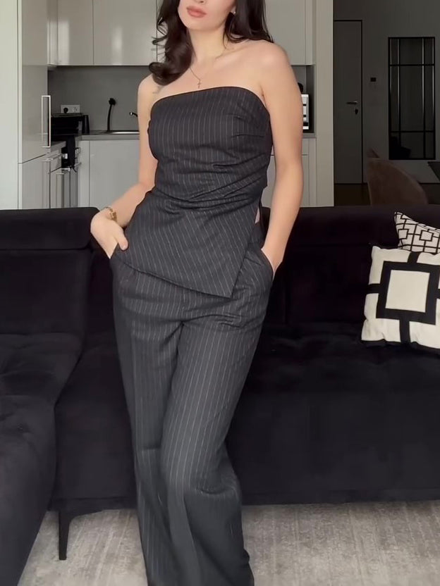 Bandeau Top & Wide-Leg Trousers Co-Ord in Pinstripe - charcoal pinstripe front view