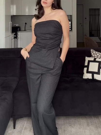 Bandeau Top & Wide-Leg Trousers Co-Ord in Pinstripe - charcoal pinstripe front view