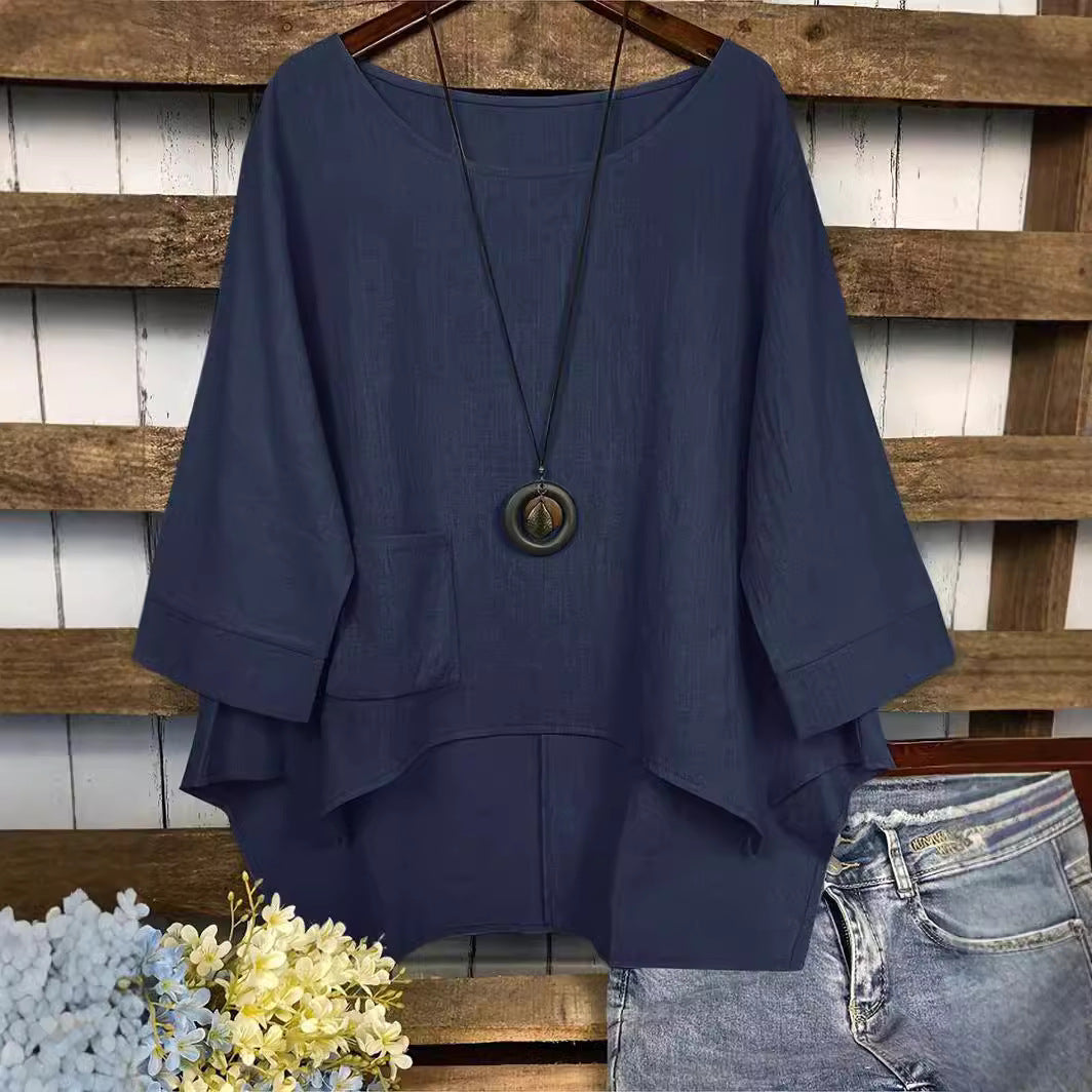 Blouse Tunic with Dipped Hem and Front Pocket - navy front view