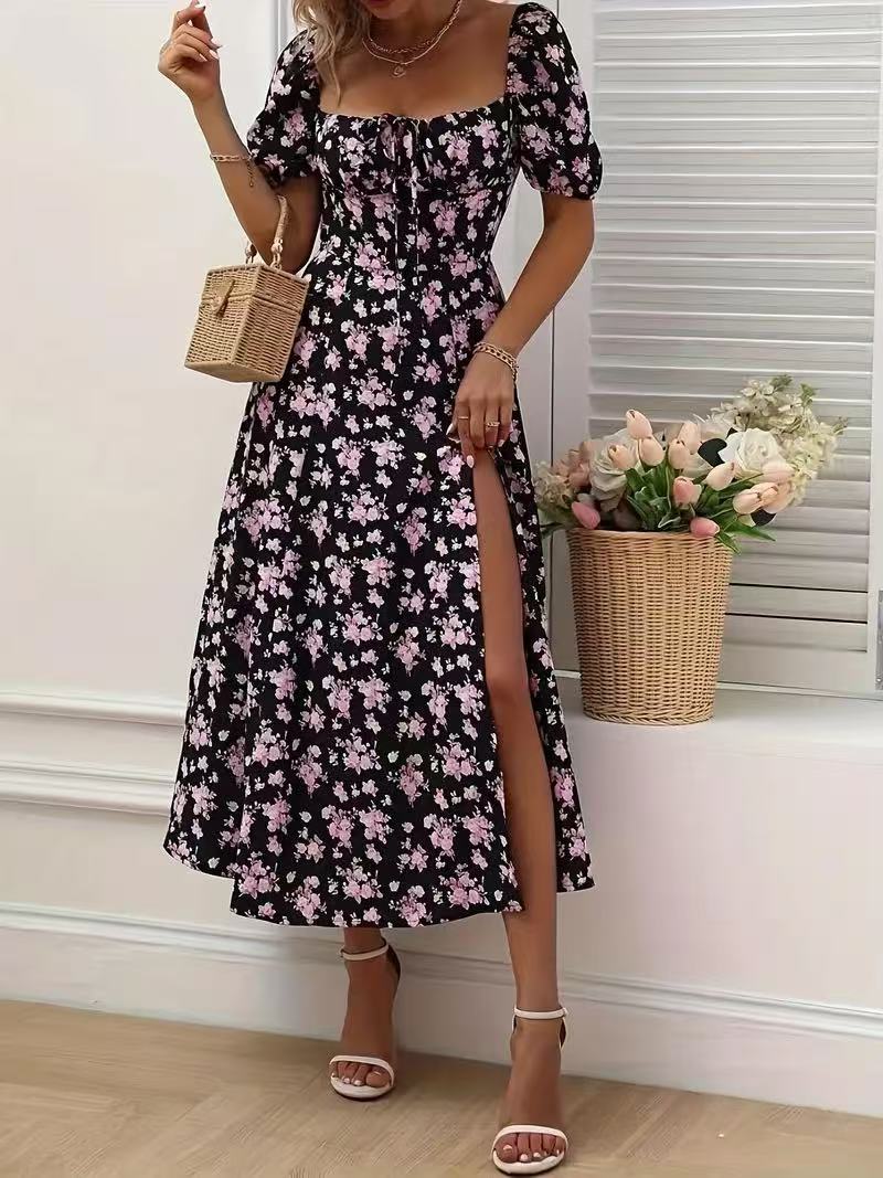 Maxi Dress in Floral Print with Lace-Up Front and Side Split - purple floral side split front view