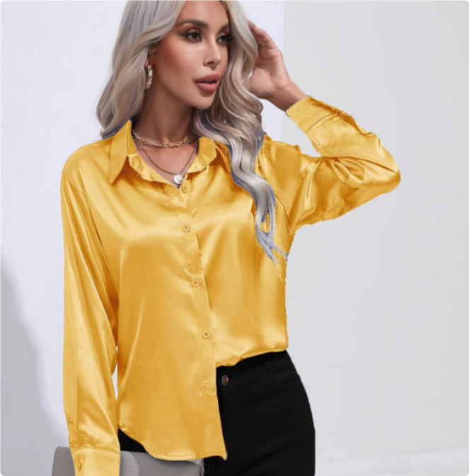 Blouse in Satin with Open Collar and Long Sleeves - lemon yellow front view