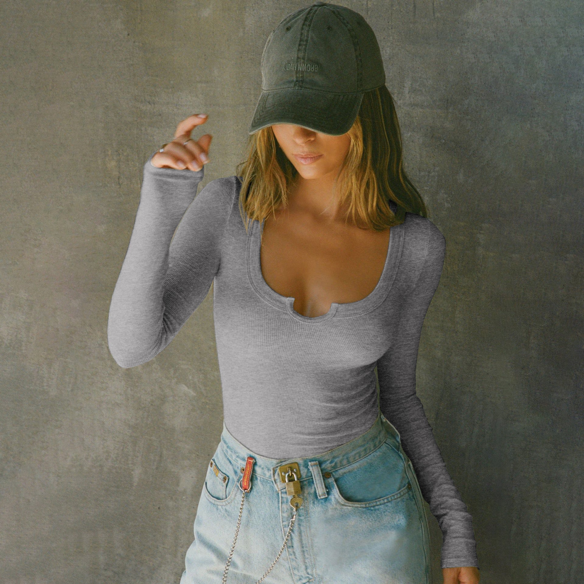 Long-Sleeve Top with Heart Notch Neckline - flower grey front view