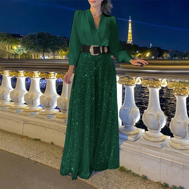 Co-Ord Set with Belted V-Neck Blouse & Sequin Wide-Leg Trousers - army green full-length front view