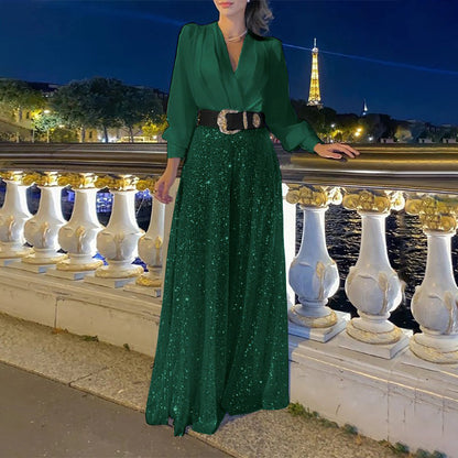 Co-Ord Set with Belted V-Neck Blouse & Sequin Wide-Leg Trousers - army green full-length front view