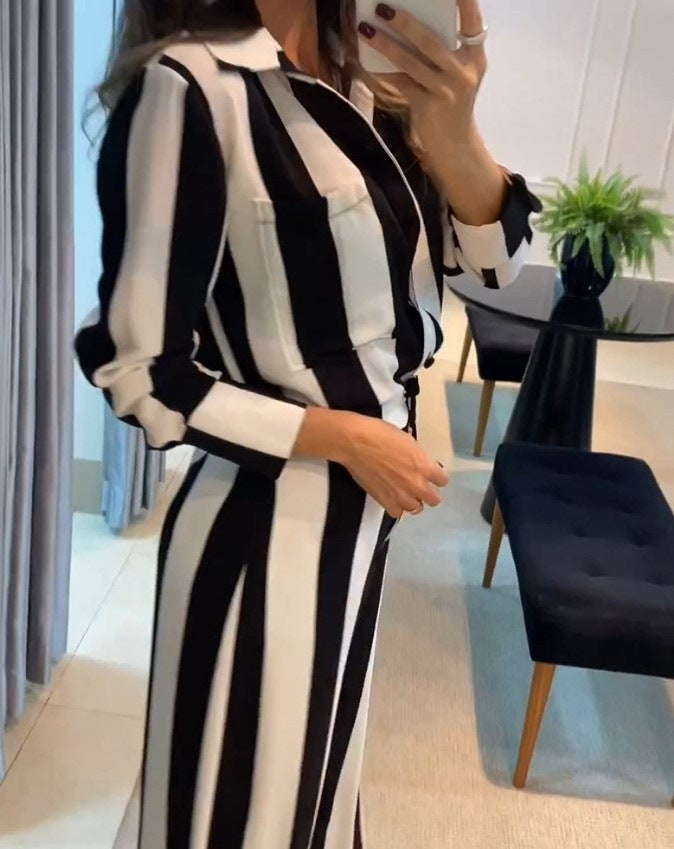 Shirt & Wide-Leg Trouser Co-ord in Black and White Stripe - side detail with pockets