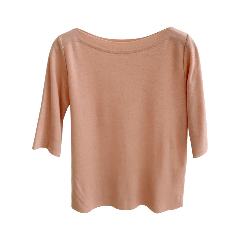 Boat-Neck Fine-Knit Top with Elbow Sleeves - apricot flat lay front