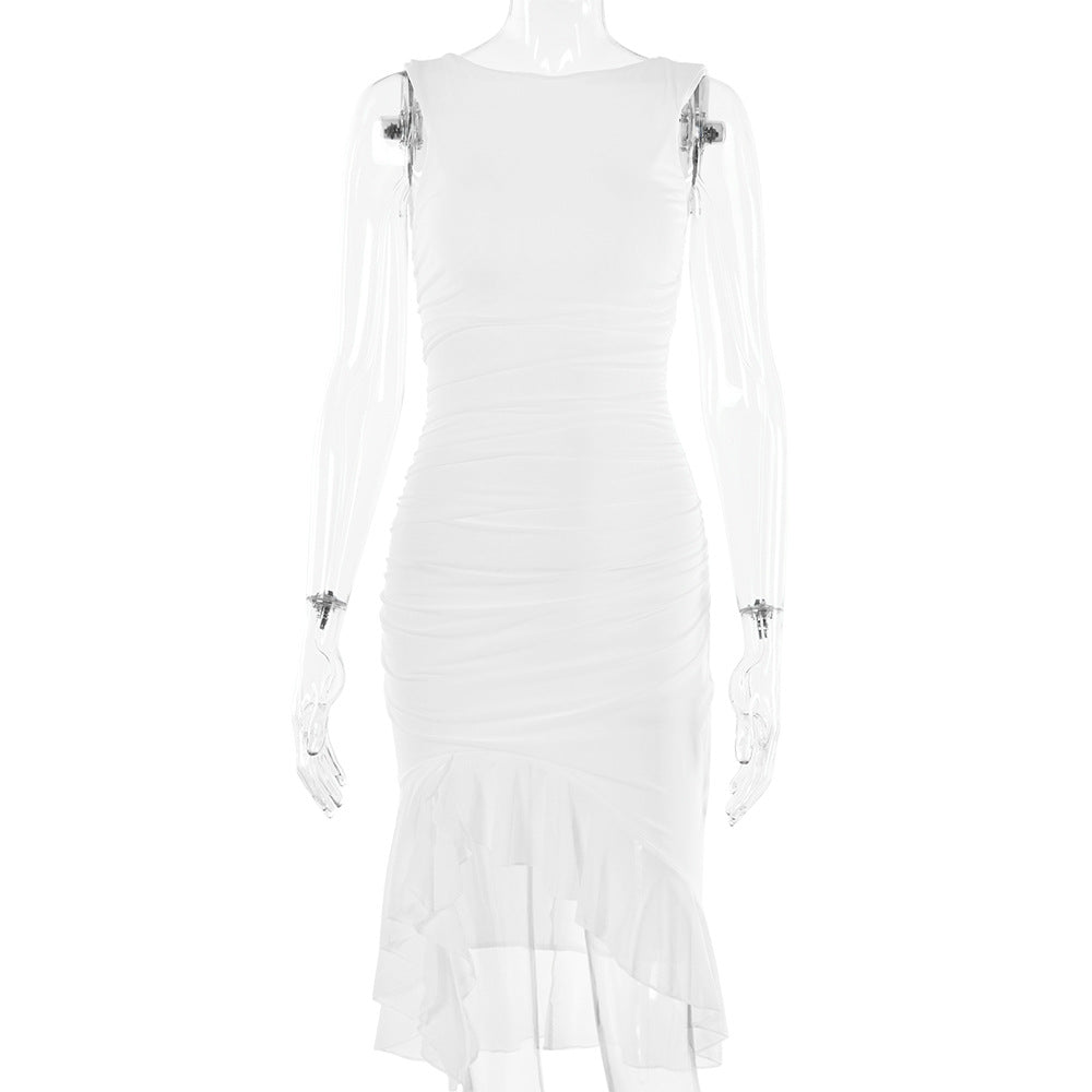 Midi Dress in Sleeveless Ruched Bodycon with Sheer Hem - white flat lay