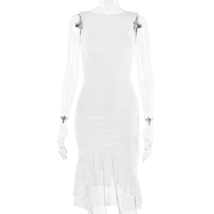 Midi Dress in Sleeveless Ruched Bodycon with Sheer Hem - white flat lay