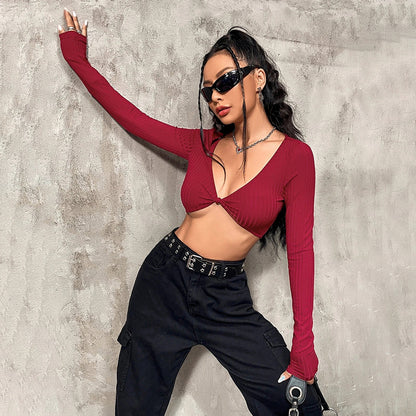 Crop Top in Wine Red with Twist Front Cut-Out - wine red angled front view