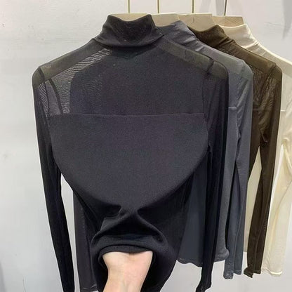 Mesh Top with Semi-High Neck and Long Sleeves - black front hanger view