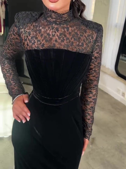 Bodycon Maxi Dress Set in Black Velvet with Lace Top - black close-up showing lace high neck and velvet bodice