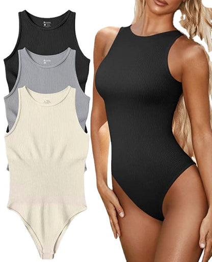 Bodysuit in Ribbed Cotton, Sleeveless Crew Neck - black front studio composite