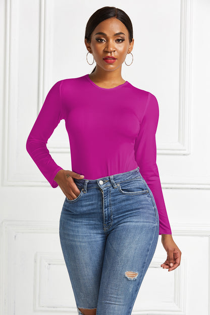 Bodysuit with Long Sleeves and Crew Neck - rose red styled with jeans