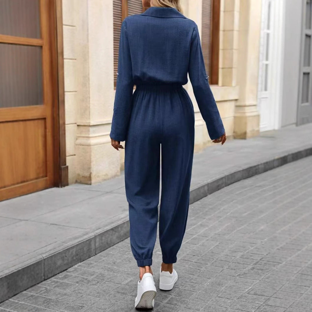 Jumpsuit with Utility Shirt Top in Blue & Khaki - blue back view