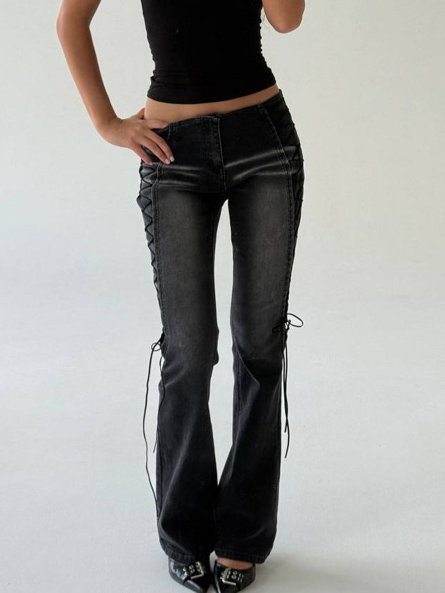 Black Washed Distressed Flare Jeans with Side Lace-Up Detail - front view, flare silhouette