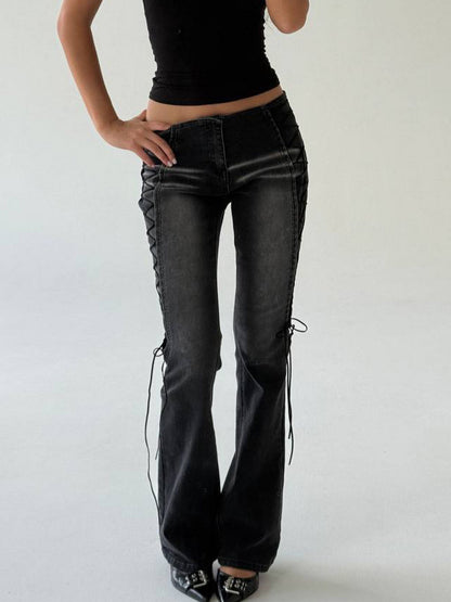 Black Washed Distressed Flare Jeans with Side Lace-Up Detail - front view, flare silhouette