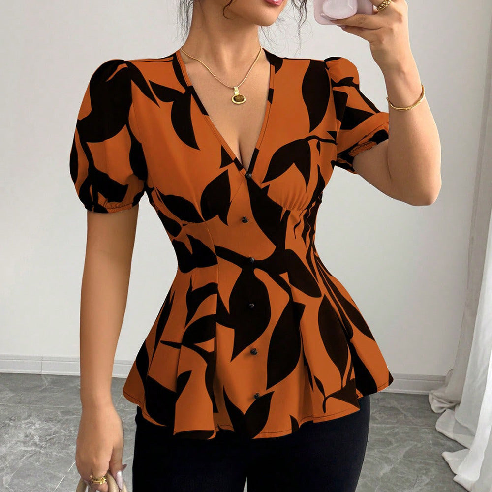 Peplum Blouse in Abstract Print - orange front close-up