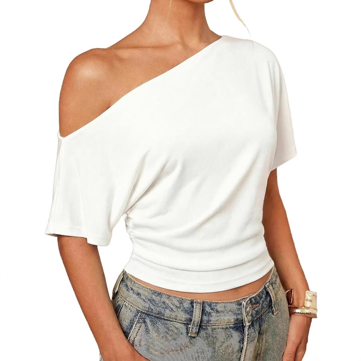 One-Shoulder Top with Twist-Hem Drape - White front view