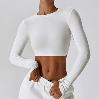 Crop Top with Thumbhole Cuffs in Quick-Dry Stretch - Swan White front view