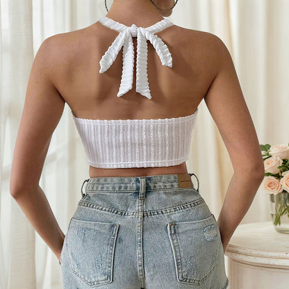 Halter Crop Top in White with Crochet Fringe - back view with tie neck