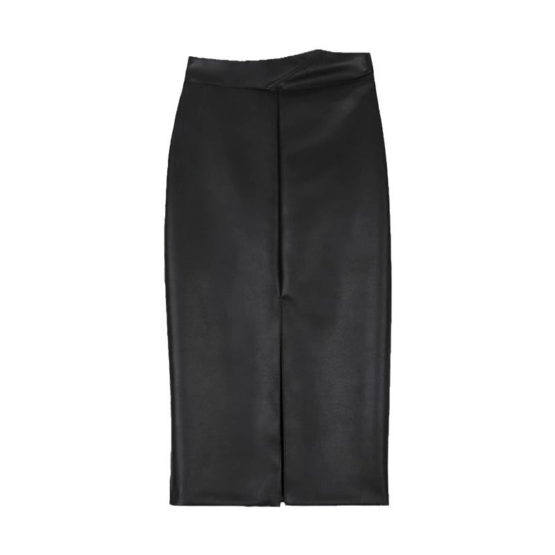 Midi Skirt in Black Faux Leather with Front Split - black flat lay front
