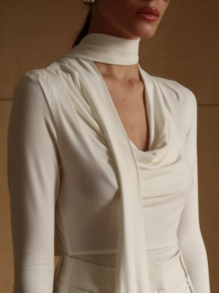 Long-Sleeve Top with Scarf Neck and Drape Front - white close-up of scarf neckline